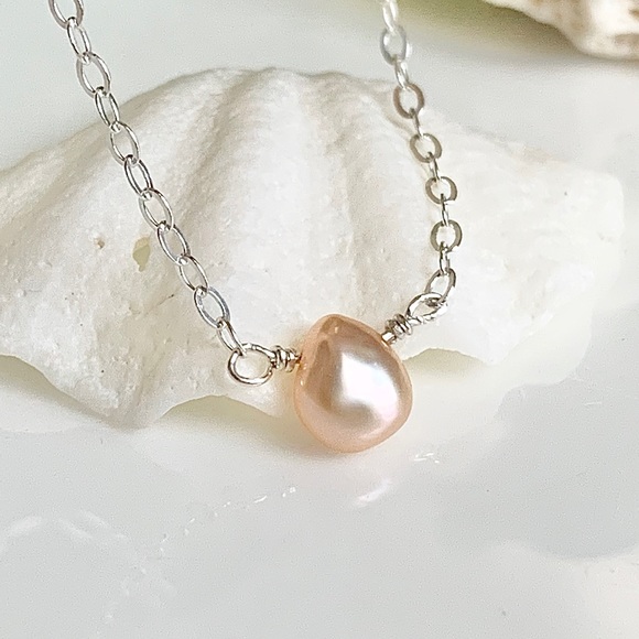 Dainty Peach Pink Freshwater Pearl Necklace 925SS